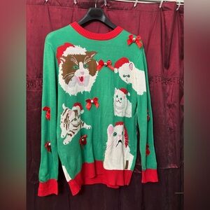Men’s XXLarge Tipsy Elves Green Cat Sweater with Red Accents